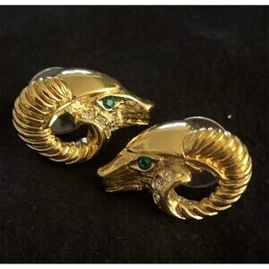 KJL for Avon Ram's Head Stud Earrings Gold Tone Green Eyes Signed Vintage